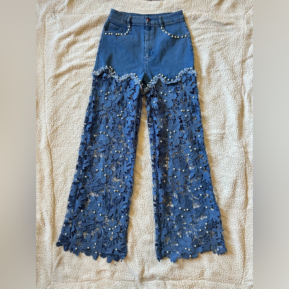Blue Denim and Lace Flare Pants with Pearl and rhinestone accents